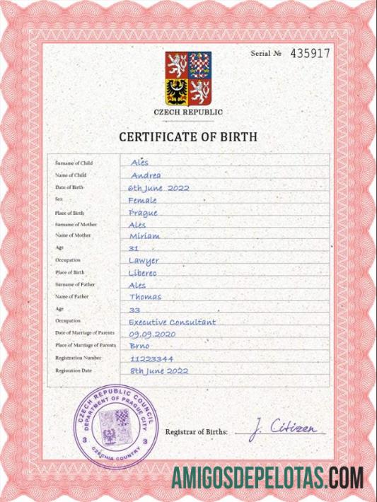 Imprimível modelo PSD de certidão de nascimento de registro vital da República Tcheca